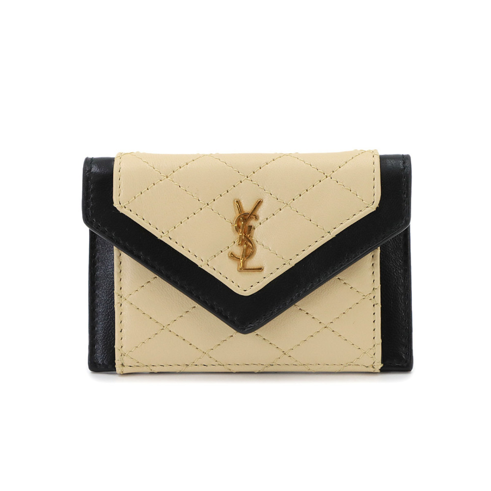 Saint Laurent Gaby Flap Card Case - Leather Holder in Beige and Black (Item N...